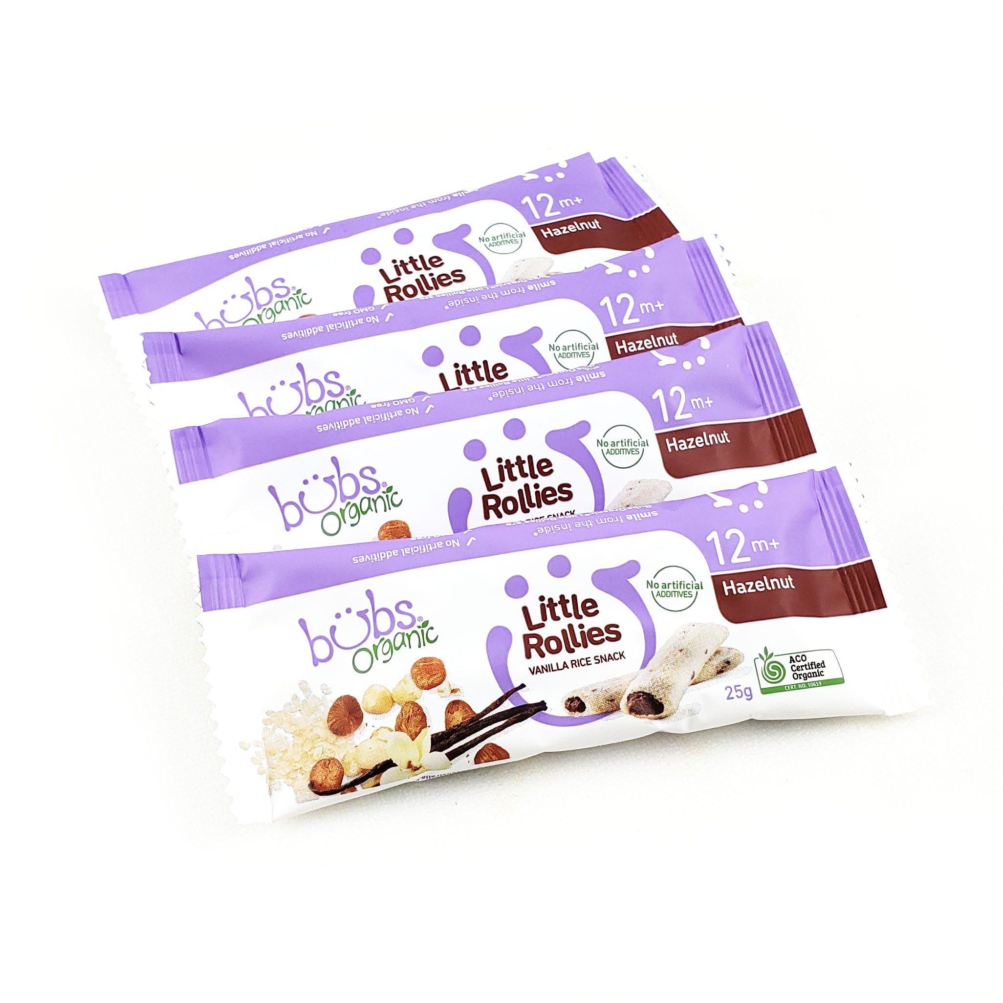 Bubs Organic Little Rollies Vanilla Rice Snack - Hazelnut 12+Months 4pieces - AUS*