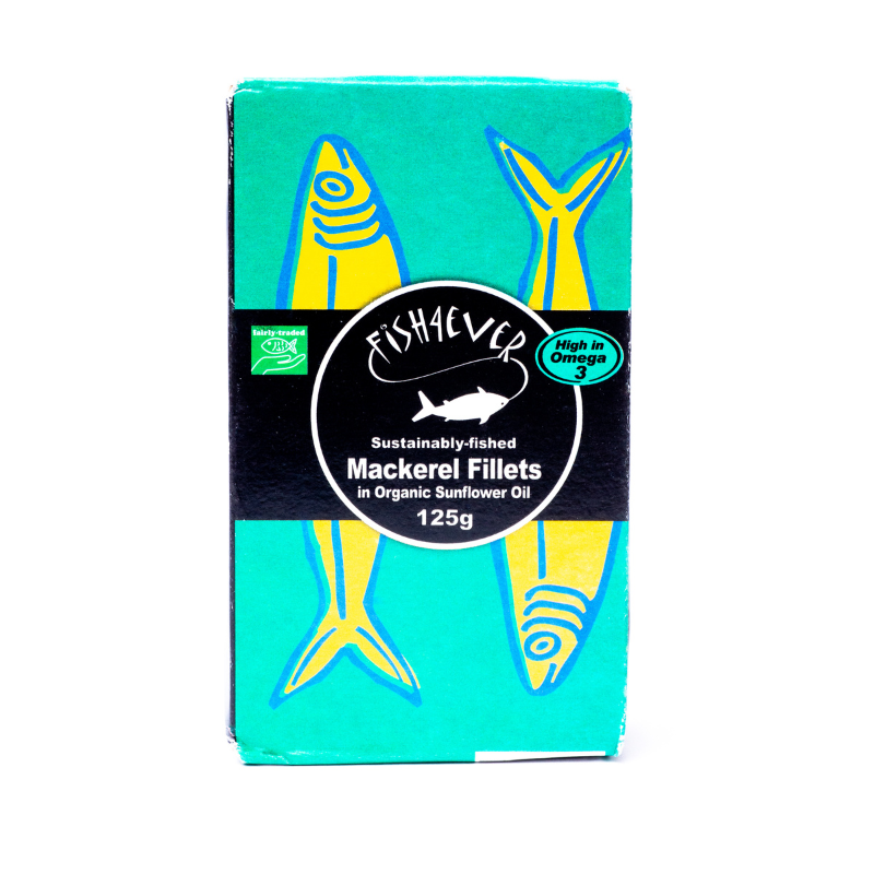 UK Fish4Ever Mackerel fillet in organic sunflower oil,125g