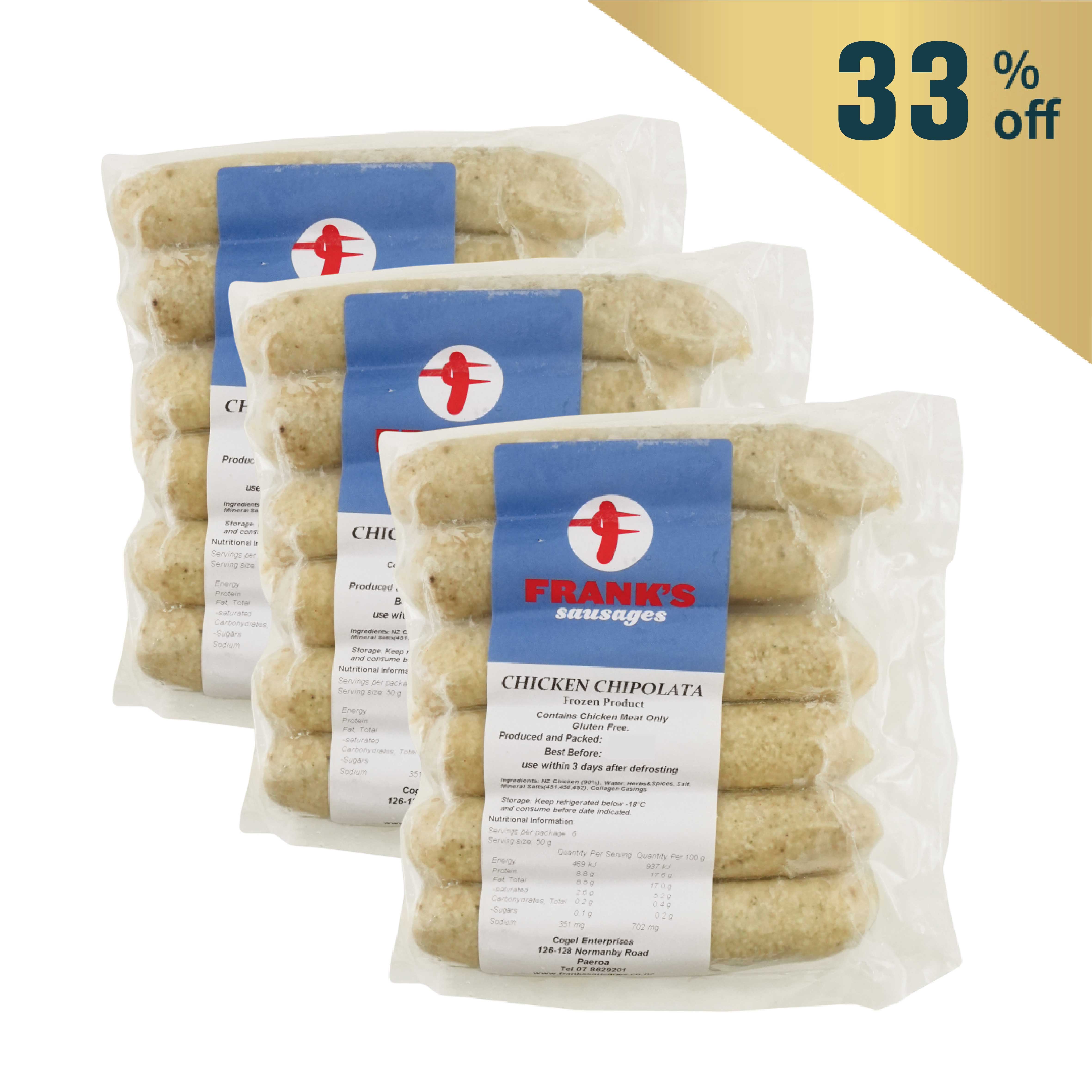 Frozen NZ Frank's GF Chicken Chipolatas (6pcs) 300g - Buy 2 Get 1 Free