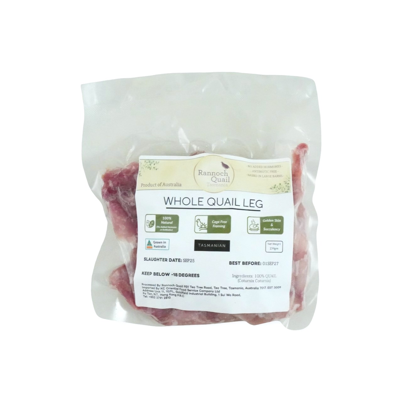 Australia Tasmania Rannoch Raw Whole Quail Leg(230g)*