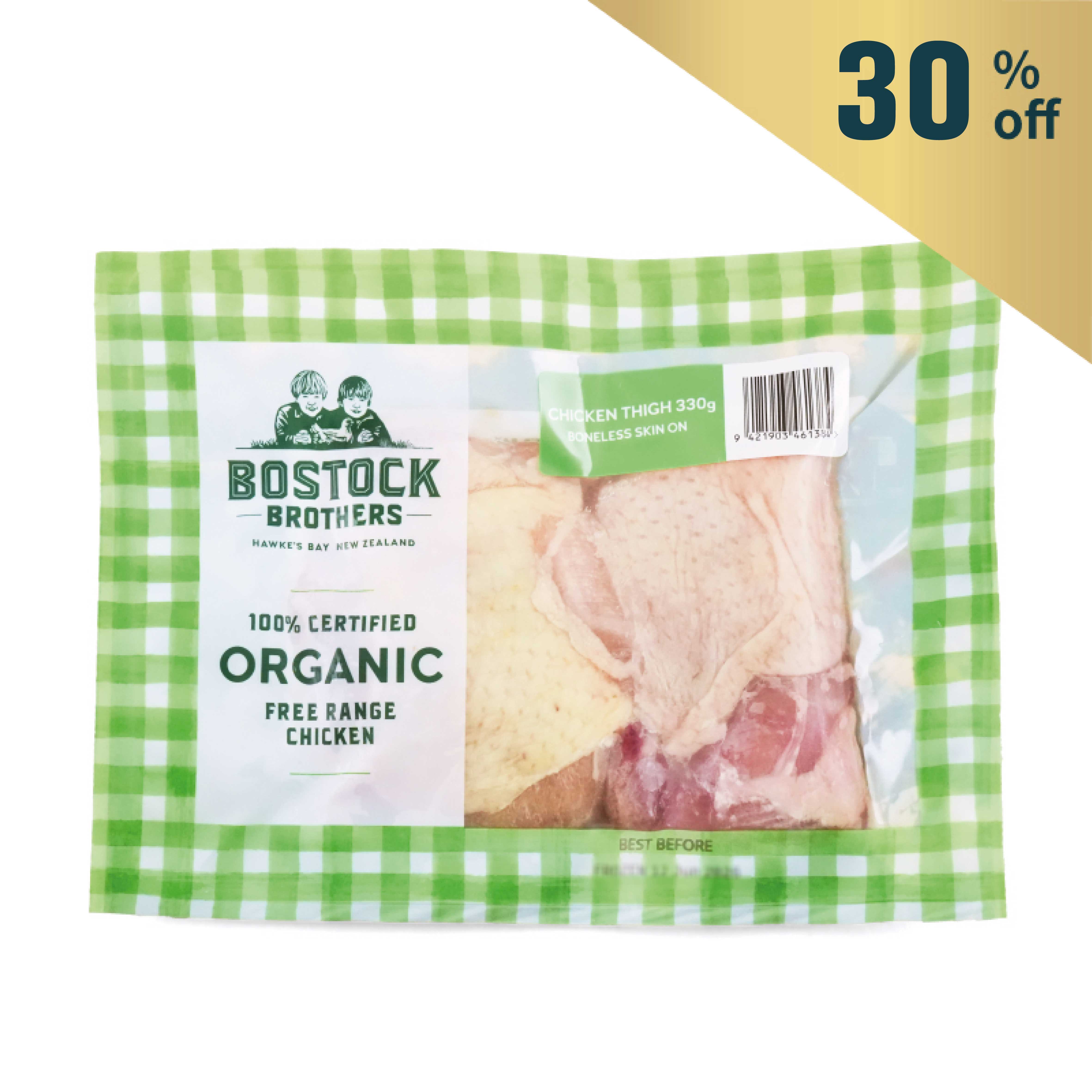 Frozen NZ Bostock Brothers Organic Chicken Boneless Thighs Skin On 330g*