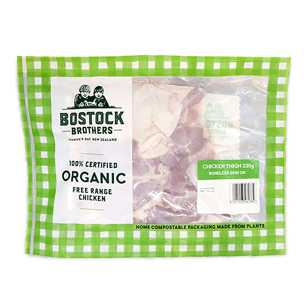 Frozen NZ Bostock Brothers Organic Chicken Boneless Skin-on Thigh 330g*