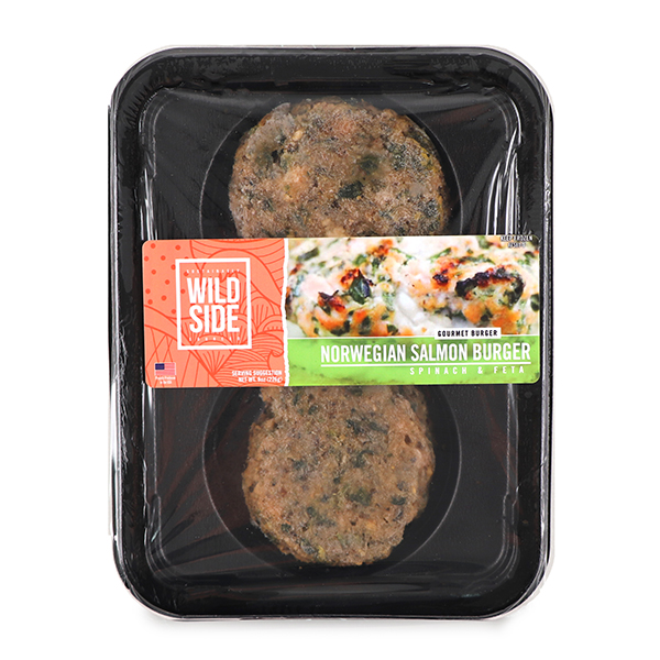 Frozen Wild Side Gourmet Burger Norwegian Salmon Spinach and Feta (2 burgers per tray) 226g - HK*