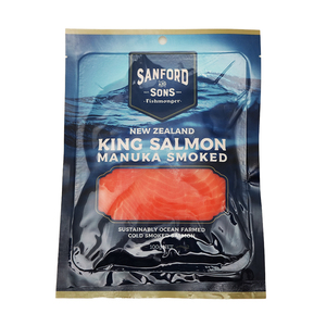Frozen NZ Big Glory Bay Manuka Cold Smoked King Salmon 100g*